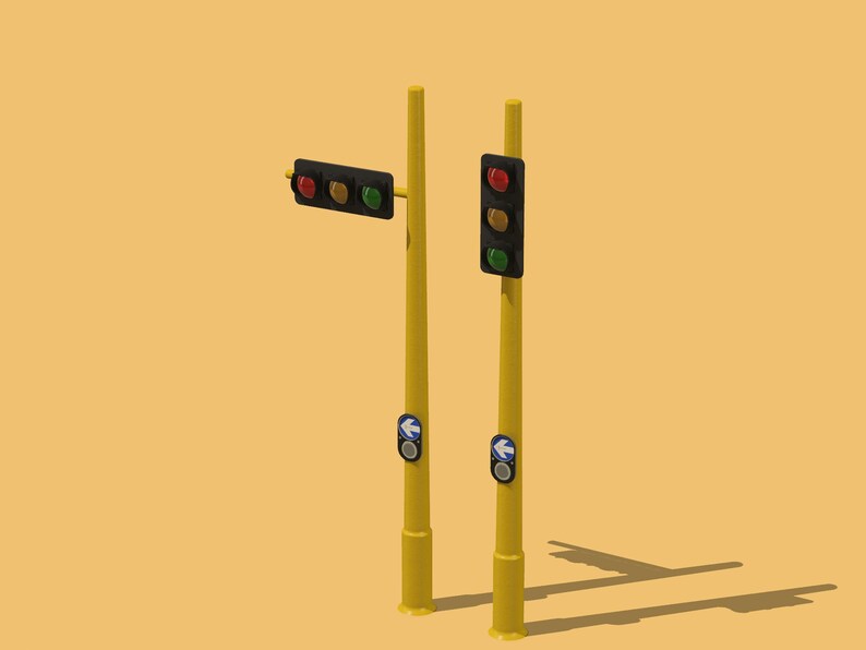 May include: Two yellow traffic light poles with red, yellow, and green traffic lights. One pole has a blue arrow pointing left and the other has a blue arrow pointing right.