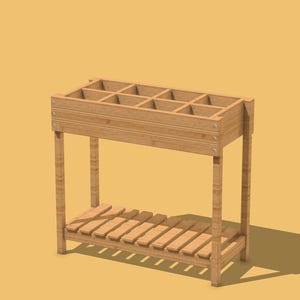 Puede incluir: Un soporte para plantas de madera con una parte superior rectangular dividida en nueve compartimentos cuadrados. El soporte tiene un estante inferior con listones para soporte adicional.