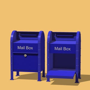 Puede incluir: Dos buzones de metal azul con el texto "Mail Box" en la parte delantera. Un buzón tiene la parte delantera cerrada y el otro tiene la parte delantera abierta.