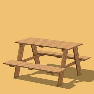 May include: A wooden picnic table with attached benches. The table has a rectangular top and is supported by angled legs. The benches are also made of wood and are attached to the table. The table is approximately 152 cm long.