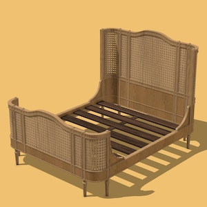 May include: A light brown bed frame with a woven headboard and footboard. The bed frame has a wooden slat base and curved design. The headboard is tall and rectangular, with a woven pattern. The footboard is shorter and has a similar woven design.