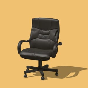 May include: Black office chair with a high back, armrests, and a five-wheel base. The chair is made of a smooth material and has a padded seat and back. The chair is designed for comfort and support.
