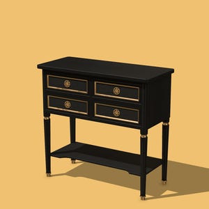 May include: A black console table featuring four rectangular drawers with gold-toned trim and circular gold-toned hardware. The table stands on four slender legs with gold-toned accents and includes a lower shelf for storage.