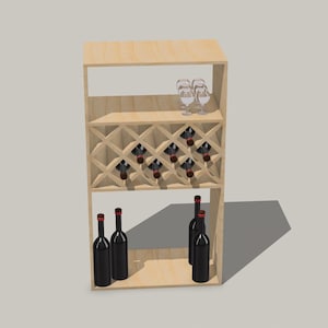 Könnte beinhalten: Ein Weinständer aus Holz mit zwei Regalen und einem oberen Regal für Gläser. Der Ständer ist mit Weinflaschen und Gläsern gefüllt.