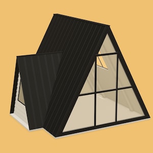 May include: Illustration of a modern A-frame house with a black roof and large triangular windows. The house has a minimalist design, with a white base and a simple, geometric shape. The background is a solid, light orange color.