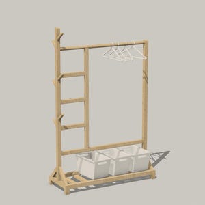 May include: A wooden clothes rack with a ladder on one side and three white storage bins on the bottom. The rack has a metal bar for hanging clothes and white hangers.