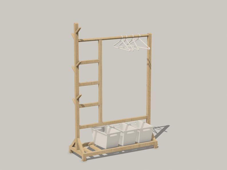 May include: A wooden clothes rack with a ladder on one side and three white storage bins on the bottom. The rack has a metal bar for hanging clothes and white hangers.
