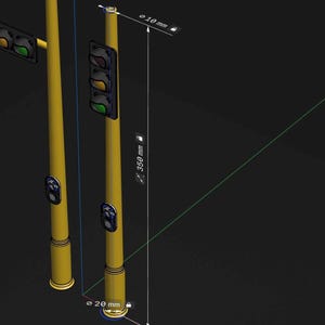 May include: Two yellow traffic light poles with red, yellow, and green lights. The poles are 350 mm tall and 10 mm in diameter.