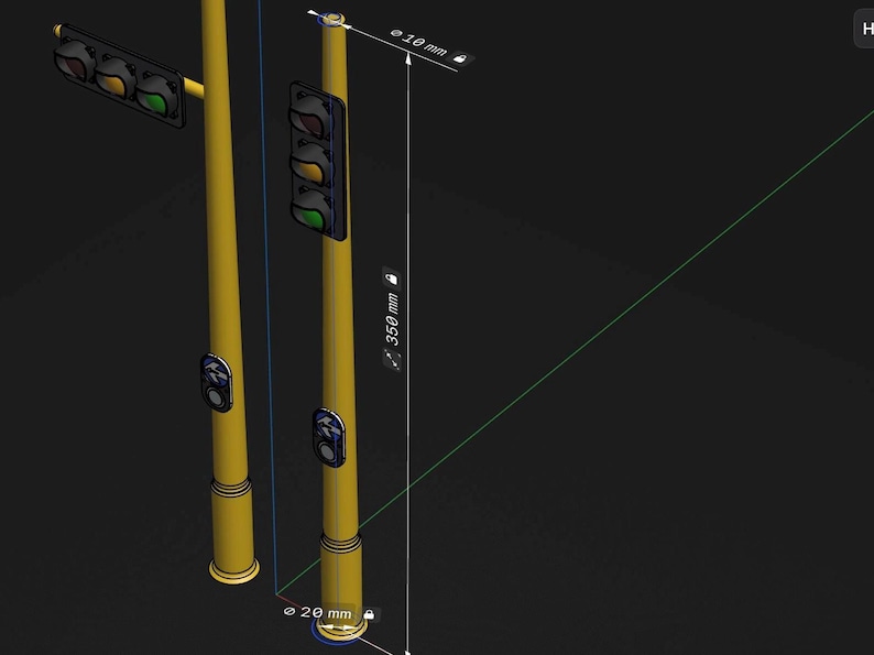 May include: Two yellow traffic light poles with red, yellow, and green lights. The poles are 350 mm tall and 10 mm in diameter.