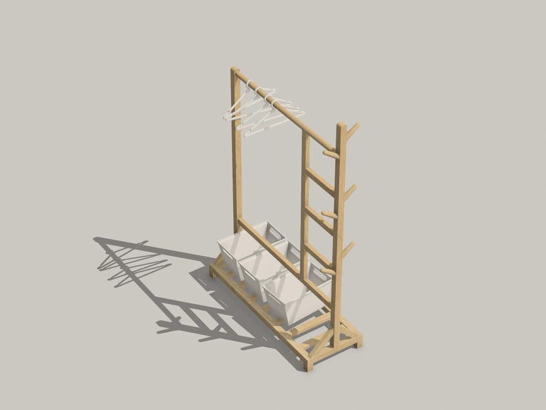 May include: A wooden clothes rack with a ladder and three storage baskets. The rack has a white metal bar for hanging clothes.