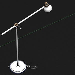 May include: A white desk lamp with a round white shade and a long, adjustable arm. The lamp is mounted on a white circular base.