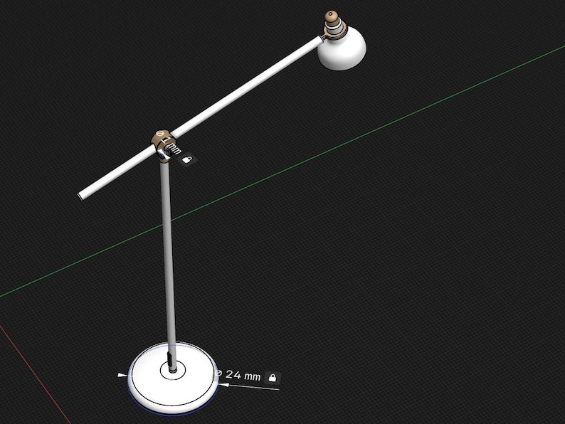 May include: A white desk lamp with a round white shade and a long, adjustable arm. The lamp is mounted on a white circular base.