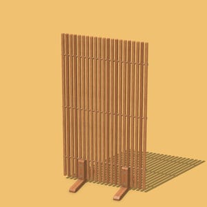 May include: A wooden room divider with a slatted design. The divider is freestanding and has a natural wood finish.