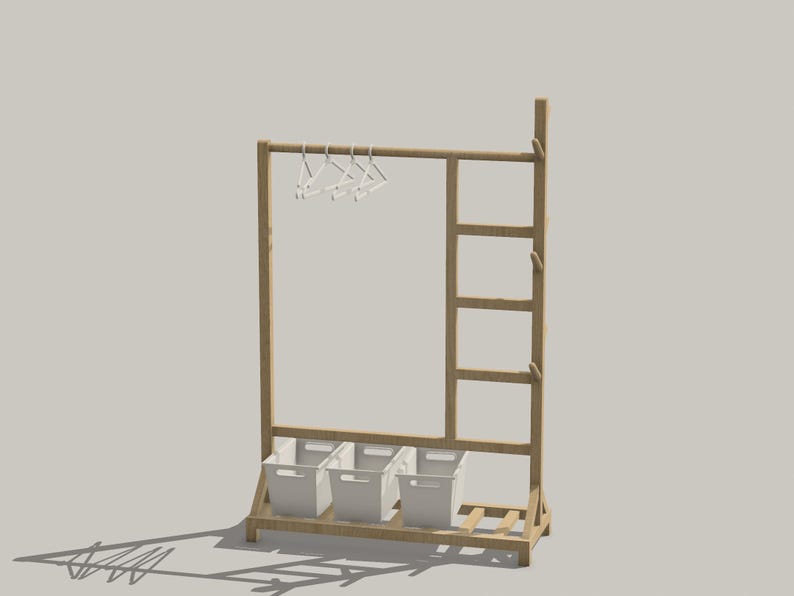 May include: A wooden clothes rack with a ladder on the side and three white storage bins on the bottom shelf. The rack has a metal bar for hanging clothes and white plastic hangers.