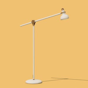 May include: A white floor lamp with a gold accent on the arm and base. The lamp has a white shade and a long, adjustable arm.