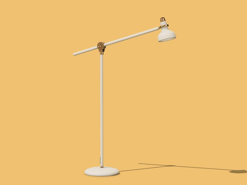 May include: A white floor lamp with a gold accent on the arm and base. The lamp has a white shade and a long, adjustable arm.