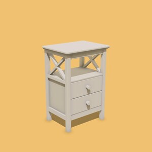 May include: A light gray bedside table featuring a rectangular top, an open storage shelf, and two drawers stacked vertically. Each drawer is equipped with a single round knob. The side panels display a decorative X-shaped cross brace design.