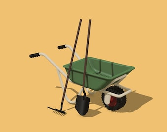 May include: A green wheelbarrow with a white metal frame and a black tire with a red hub, accompanied by a black garden rake and a black shovel with long wooden handles, all positioned together against a solid light orange background.
