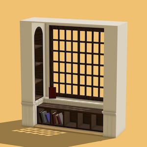 以下が含まれることがあります： 暗い木製のフレームと格子状の窓を備えた窓際の座席の3Dレンダリング。小さな本棚が壁に組み込まれており、いくつかの本が見えます。赤い本が窓際の座席に置かれています。