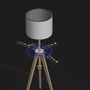 May include: A white lampshade with a wooden tripod base. The base has a diameter of 32 mm and the lampshade has a diameter of 12 mm.