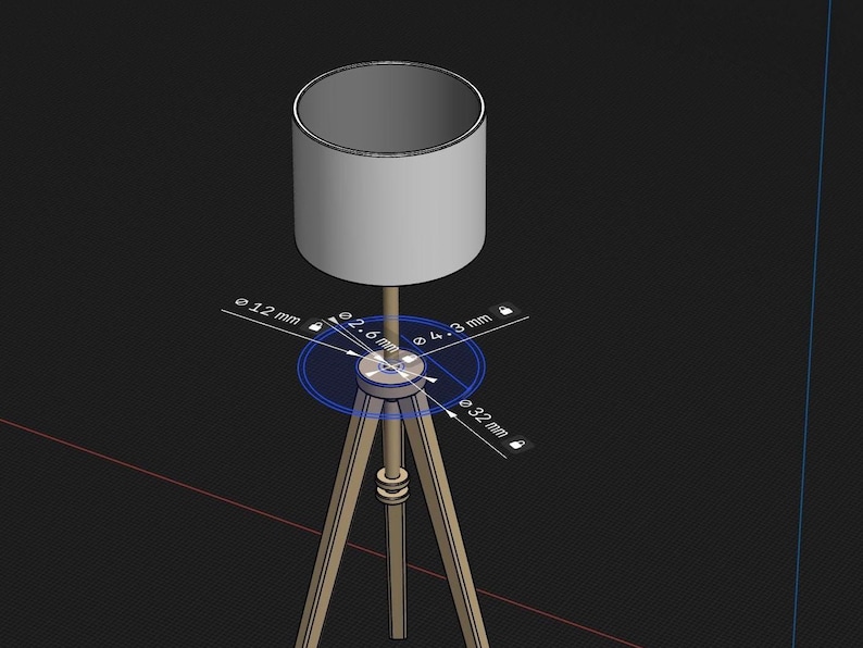 May include: A white lampshade with a wooden tripod base. The base has a diameter of 32 mm and the lampshade has a diameter of 12 mm.