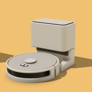 Puede incluir: Un moderno robot aspirador blanco roto con una estación de carga a juego. La aspiradora tiene un diseño circular con una banda negra y dos botones de control. La estación de carga es rectangular. El fondo es amarillo.