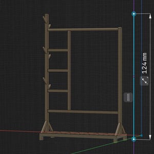 May include: A wooden coat rack with a hanging bar, four shelves, and a bottom shelf. The rack is 124 cm tall.