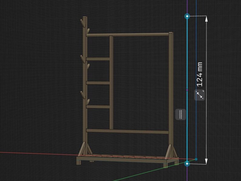 May include: A wooden coat rack with a hanging bar, four shelves, and a bottom shelf. The rack is 124 cm tall.