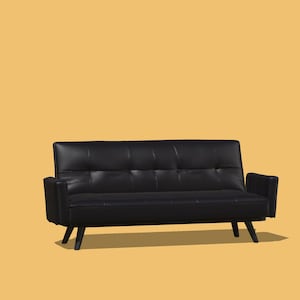 Op de afbeelding: Zwart futon-sofa met een gecapitonneerde rugleuning en zitting, met een strak, modern design. De bank heeft een laag profiel met schuine houten poten en armleuningen. De algehele esthetiek is minimalistisch en eigentijds.