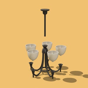 Op de afbeelding: Een zwarte metalen kroonluchter met vijf cr&egrave;mekleurige kommen. De kroonluchter heeft een centrale stam en gebogen armen, met een cirkelvormige boven- en onderkant. De achtergrond is lichtoranje.