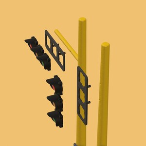 May include: A disassembled traffic light with three red, yellow, and green lights, two yellow poles, and a black plastic frame.