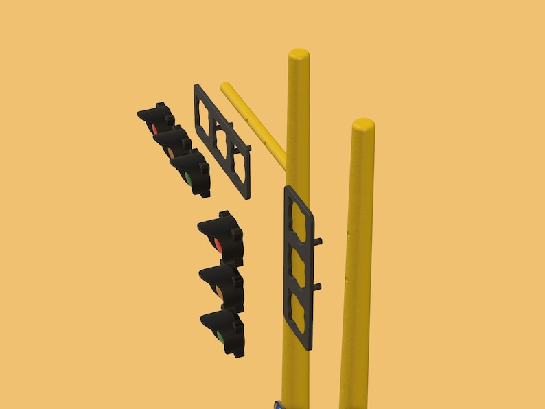 May include: A disassembled traffic light with three red, yellow, and green lights, two yellow poles, and a black plastic frame.