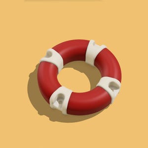 May include: A red and white life preserver ring, a safety flotation device. The ring is a vibrant red with four white bands evenly spaced around its circumference. The background is a solid, warm yellow color.