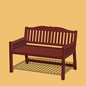 May include: A red-brown wooden bench with a slatted seat and back. The bench has armrests and a curved top. The bench is made of wood and is suitable for outdoor use. The bench is a classic design.