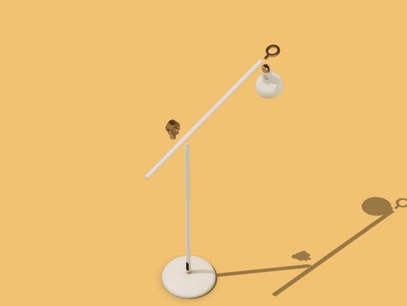 May include: A white desk lamp with a long, adjustable arm and a white, round base. The lamp has a white shade with a gold accent.