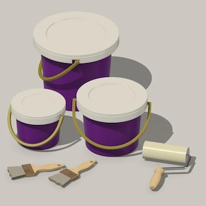 May include: Three purple paint buckets with white lids and gold handles, two paint brushes, and a paint roller.