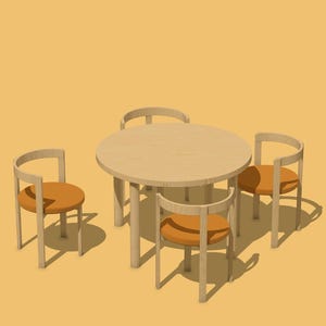 Puede incluir: Una mesa redonda de madera con cuatro patas, rodeada de cuatro sillas con cojines naranjas. La mesa y las sillas están hechas de madera clara y tienen un diseño simple y moderno.