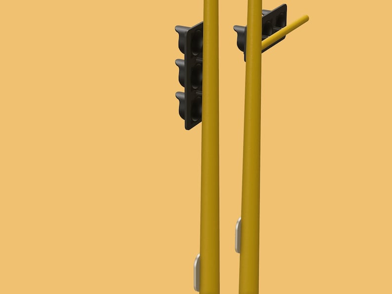 May include: A yellow traffic light with three black lights, one red, one yellow, and one green. The traffic light is mounted on a yellow pole.