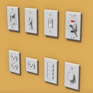May include: An assortment of white electrical switches and outlets are mounted on a yellow wall. The collection includes various light switches, a dimmer, and electrical outlets, showcasing different designs and functionalities.