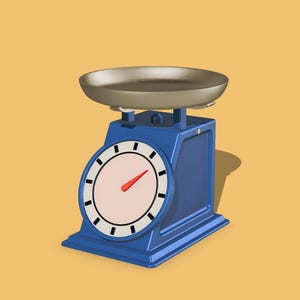 May include: A blue vintage-style kitchen scale with a round dial and a silver-colored bowl. The dial has black markings and a red needle. The scale sits on a yellow background.