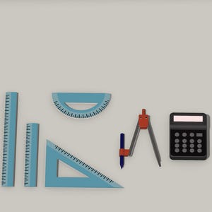 May include: A set of blue geometry tools including a protractor, a triangle, two rulers, and a compass. A black calculator is also included.