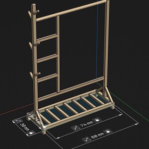 May include: A wooden clothes rack with a shelf and a shoe rack. The rack is 74 mm wide, 80 mm deep, and 30 mm tall.
