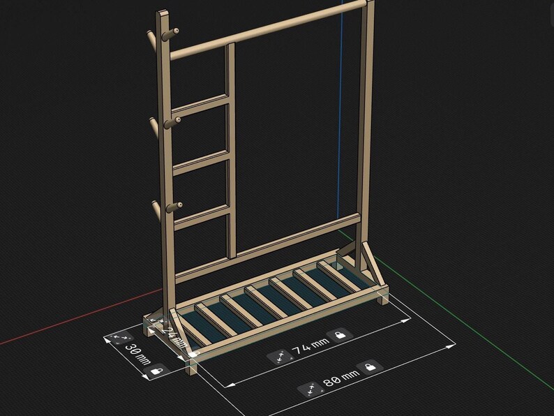 May include: A wooden clothes rack with a shelf and a shoe rack. The rack is 74 mm wide, 80 mm deep, and 30 mm tall.