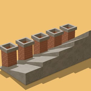 May include: An isometric illustration of a concrete staircase with five brick chimneys. The chimneys have grey tops and are arranged in a row, ascending the stairs. The background is a solid yellow-orange colour.