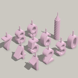 May include: Pink number candles for a birthday cake, including the numbers 1, 2, 3, 4, 5, 6, 7, 8, 9, and 0. There is also a pink spiral candle.