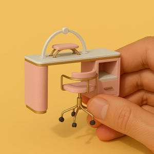 Può includere: Un tavolo da salone per manicure in miniatura rosa e bianco con una sedia dorata e un poggiapiedi imbottito bianco. Il tavolo ha un piccolo cassetto e uno scaffale.