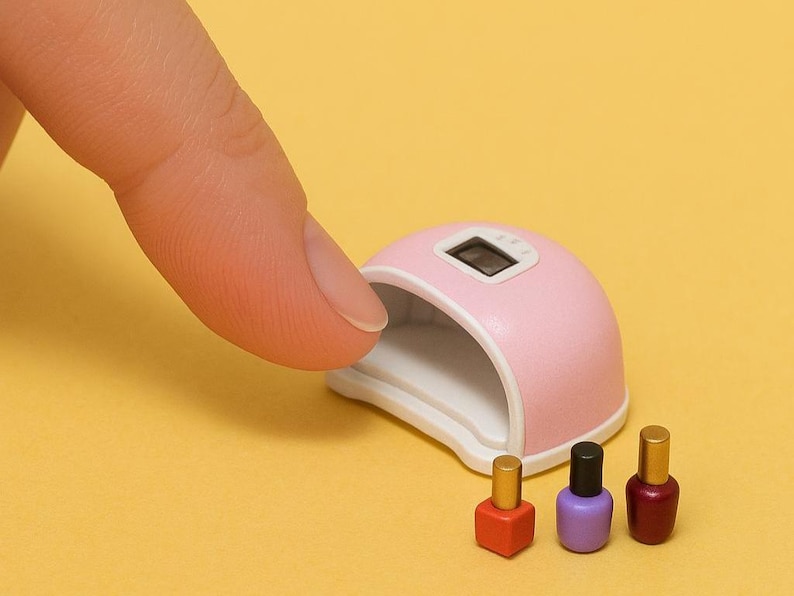 Op de afbeelding: Een roze nagellamp met een digitaal timerdisplay, open en klaar voor gebruik. Drie miniatuurflesjes nagellak staan ​​voor de lamp: rood, paars en donkerrood.