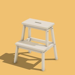 May include: A white wooden step stool with two steps. The stool is made of solid wood and has a simple design.