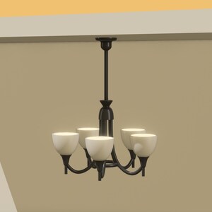 Op de afbeelding: Een kroonluchter met vijf lampen, voorzien van een donkerbruin metalen frame met een centrale stang en gebogen armen. Elke arm ondersteunt een witte, komvormige glazen kap die een zachte, warme gloed uitstraalt voor een gebalanceerd armatuur.