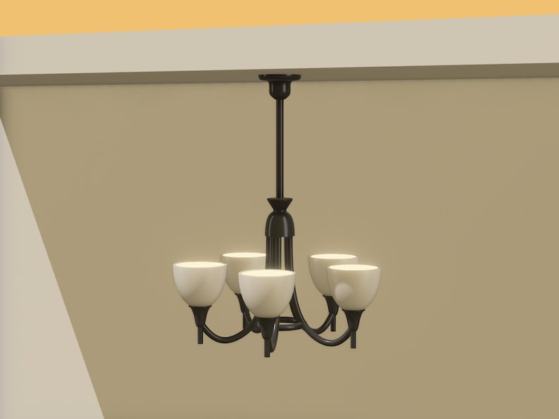 Op de afbeelding: Een kroonluchter met vijf lampen, voorzien van een donkerbruin metalen frame met een centrale stang en gebogen armen. Elke arm ondersteunt een witte, komvormige glazen kap die een zachte, warme gloed uitstraalt voor een gebalanceerd armatuur.